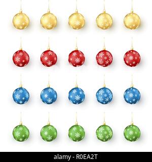 Bunte Weihnachtskugeln eingestellt. Realistische Satz Urlaub Weihnachten Kugeln von Schneeflocken dekoriert. Vector Illustration Stock Vektor