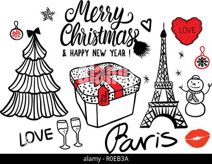 Frohe Weihnachten und guten Rutsch ins Neue Jahr Karte fashion Schwarz und Rot Skizze feier Geschenkbox, Baum und Feuerwerk. Hand gezeichnet Vector Illustration auf weißem Hintergrund. Stock Vektor