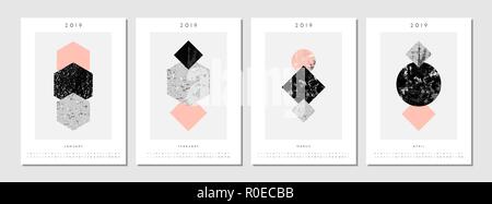 Vier bedruckbaren Format A4 2019 Kalender Vorlagen für Januar, Februar, März und April. Abstrakte Kompositionen mit strukturierten, geometrischen Formen in schwarz, Stock Vektor