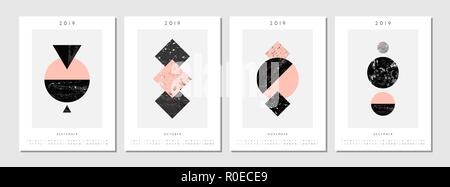 Vier bedruckbaren Format A4 2019 Kalender Vorlagen für September, Oktober, November und Dezember. Abstrakte Kompositionen mit strukturierten, geometrischen Formen in Stock Vektor