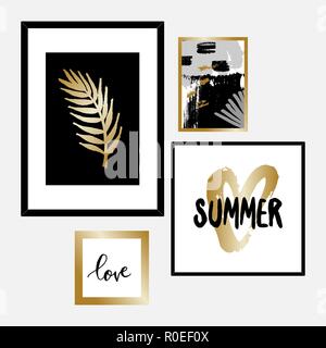 Ein Satz von vier gerahmte Kunstdrucke in Schwarz, Grau, Gold und Weiß angeordnet, in einem schönen und stilvollen Komposition. Abstrakte Kunst Poster, bedruckbar greeti Stock Vektor