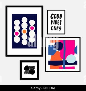 Ein Satz von vier gerahmte Kunstdrucke in Schwarz, Pink, Blau, Orange und Weiß in eine schöne und elegante Komposition arrangiert. Abstrakte Kunst Poster, printabl Stock Vektor