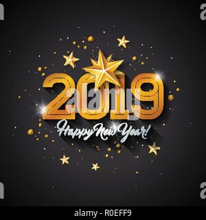 Happy New Year 2019 Illustration mit Typografie Buchstaben, Goldausschnitt Papierstern und Zierball auf schwarzem Hintergrund. Vector Holiday Design für Stock Vektor