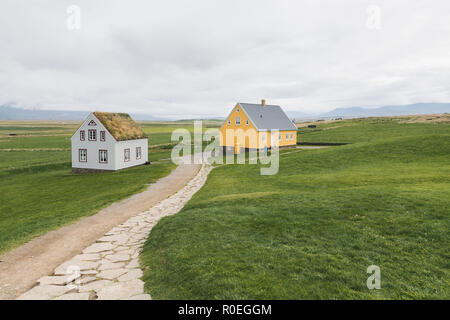 VERMAHLID, ISLAND - AUGUST 2018: traditionelle isländische Häuser in Glaumbaer folk Heritage Museum. Stockfoto