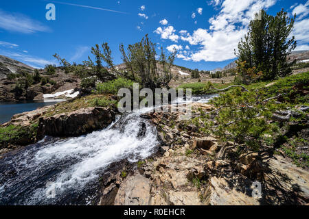 Rauschenden Bach und kleinen Wasserfall entlang der 20 Seen loop Wandern in der östlichen Sierra Mountains in Kalifornien Stockfoto