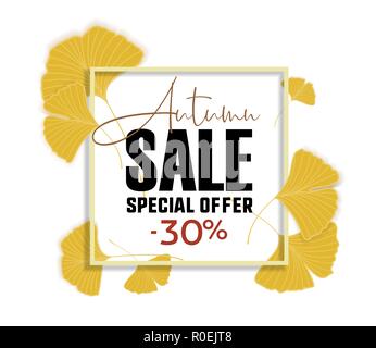 Ginkgo Biloba Blätter. Verkauf Banner. Gelbe Plakat. Stock Vektor