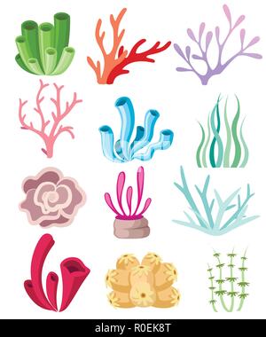 Sammlung von bunten Korallen und Algen. Deep sea Floral Design. Ocean Flora und Fauna. Flache Vector Illustration auf weißem Hintergrund. Stock Vektor