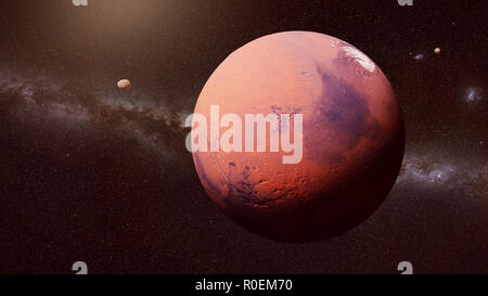 Planet Mars vor der Milchstraße mit Monde des Mars, Phobos und Deimos Stockfoto