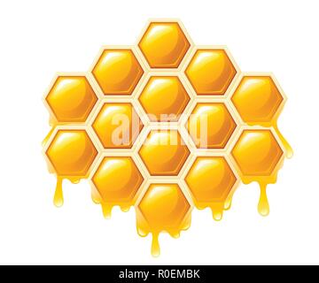 Waben mit Honig fällt. Sweet Honey, Logo für Shop oder Bäckerei. Flache Vector Illustration auf weißem Hintergrund. Stock Vektor