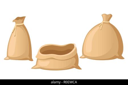 Eingestellt von Stoff, der Sack. Öffnen und Schließen der Tasche. Tasche für Geld oder Güter. Flache Vector Illustration auf weißem Hintergrund. Stock Vektor