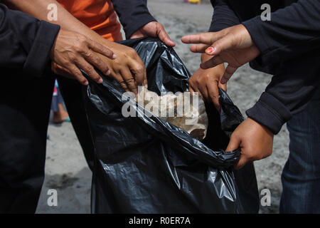 Lhokseumawe, Aceh, Indonesien. 4 Nov, 2018. Freiwillige gesehen mit einem Plastikbeutel bis Müll am Strand abzuholen. Indonesischen Freiwilligen aus BNPB (Nationale Behörde für Katastrophenmanagement) einen Strand aufräumen und auch gepflanzt 3000 Bäume eine saubere Umwelt für alle in Lhokseumawe Stadt zu erstellen. Credit: Maskur hat/SOPA Images/ZUMA Draht/Alamy leben Nachrichten Stockfoto