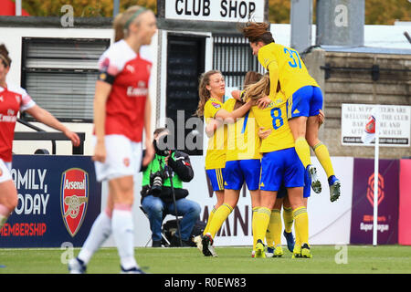 Borehamwood, London, UK. 4. November 2018. Birmingham City feiern ihren ersten Ziel gegen Arsenal auszugleichen. Peter Lopeman/Alamy leben Nachrichten Stockfoto