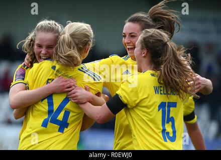 Borehamwood, Großbritannien. 4. Nov 2018. Emma Follis Birmingham City Frauen feiert ihr Ziel während der Frauen Super League Spiel zwischen Arsenal und Birmingham City Frauen an Langeweile Holz, Langeweile Holz, England am 04. Nov 2018. Kredit Aktion Foto Sport Foto Credit: Action Sport / alamy Leben Nachrichten Stockfoto