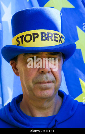 London, Großbritannien. 29 Okt, 2018. Stand der Missachtung der Europäischen Bewegung Gründer Steven Bray gesehen, der obersten Brexit 'blauen Hut während des Protestes vor dem Palast von Westminster, London statt. Credit: Dinendra Haria/SOPA Images/ZUMA Draht/Alamy leben Nachrichten Stockfoto