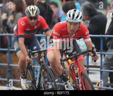 Saitama, Japan. 4 Nov, 2018. Japanische Radfahrer Fumiyuki Beppu (R) der Trek führt Italienischer Radfahrer Vincenzo Nibali von Bahrain Merida während der Tour de France in Saitama Saitama Criterium, Vorort von Tokio am Sonntag, 4. November 2018. Beppu beendete den Fünften während Nibali beendete das vierte. Credit: Yoshio Tsunoda/LBA/Alamy leben Nachrichten Stockfoto