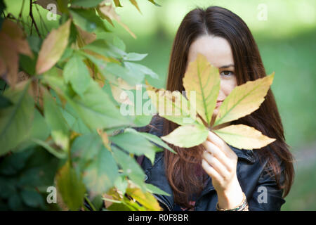 Wunderschöne junge Frau, die tolle Zeit im Herbst sonniger Tag im Park. Stockfoto