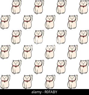 Vektor Hand gezeichnet nahtlose Muster mit weißen Maneki Neko lucky Katzen auf dem weißen Hintergrund. Cute asian Ornament. Stock Vektor