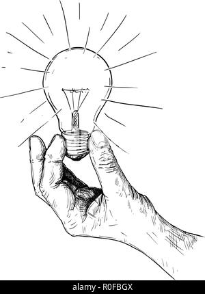 Vektor Künstlerische Zeichnung Abbildung einer Hand, die eine Glühlampe Stock Vektor