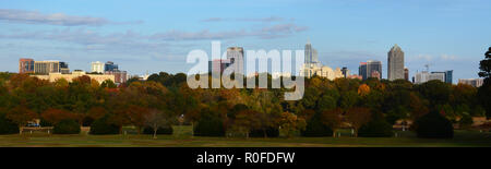 Die Innenstadt von Raleigh NC-skyline erhebt sich über Bäume im Herbst von der Dorothea Dix Campus Park auf die Städte Süd- West Side. Stockfoto