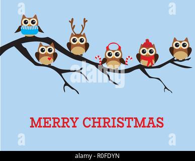 Vector Illustration von Weihnachten Spaß Eulen. Frohe Weihnachten Hintergrund. Stock Vektor