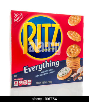 Winneconne, WI - 30. Oktober 2018: Ein Feld von Ritz cracker Alles gebacken mit Zwiebel, Mohn, Knoblauch, Meersalz auf einem isolierten Hintergrund. Stockfoto