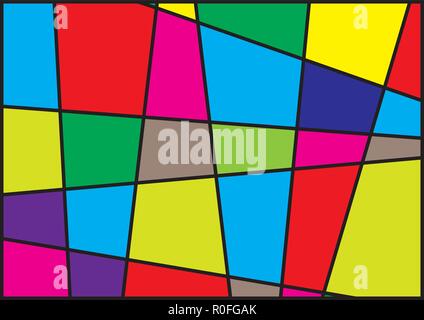Bunte geometrische Formen Hintergrund. Moderne abstrakte Kunst mit schwarzen Linien und farbigen Oberflächen Stock Vektor