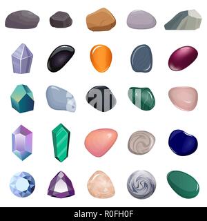 Satz von verschiedenen Steinen und Kristallen. Verschiedene Arten von Mineralien, Kristalle, Edelsteine, Diamanten, isoliert. Vector Illustration Stock Vektor