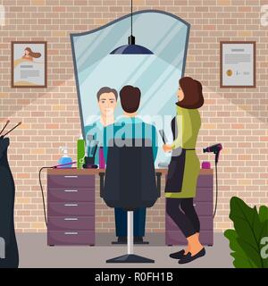 Friseur- und man-Client in Schönheit Friseursalon im Loft-Stil. Stuhl, Spiegel, Tisch, Friseursalons Tools, Kosmetik Produkte für die Haarpflege. Barb Stock Vektor