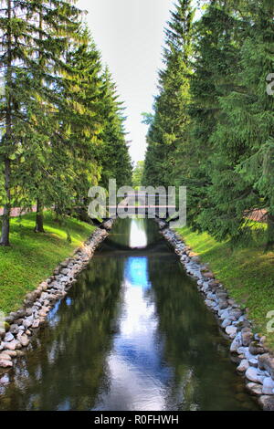 Wasser, Kanal, der von zwei Bäumen Alleen in einem Park flankiert Stockfoto