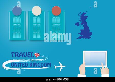 Hände, die Tablette mit leeren Bildschirm bereit für ihren Text. Leere Karte von Großbritannien und Labels im Hintergrund sind bereit für ihren Text. Die vect Stock Vektor