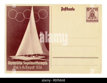 Deutsche Historische Postkarte: 11. Olympischen Sommerspiele 1936 in Berlin, Wassersport, Stadt Kiel, Yachtcharter, Deutschland, Deutschland, Drittes Reich Stockfoto