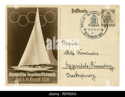 Deutsche Historische Postkarte: 11. Olympischen Sommerspiele 1936 in Berlin, Wassersport, Stadt Kiel, Yachtcharter, Deutschland, Deutschland, Drittes Reich Stockfoto