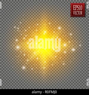 Satz von golden leuchtende Lichter Auswirkungen auf transparentem Hintergrund isoliert. Sun Flash mit Rochen und Spotlight. Glow Light Effect. Star Burst mit funkelt. Stock Vektor