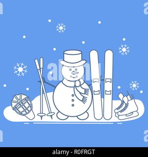 Winter im Freien genießen können. Schneemann mit Ski- und Hockey Ausrüstung. Vektor cartoon Skifahrer Symbol. Design für Werbung von aktiven Lebensstil. Stock Vektor