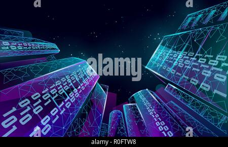 Low Poly smart City 3D Drahtgitter. Intelligente Gebäudeautomation Geschäftskonzept. Der binäre Code Datenfluss Nummer. Architektur urbane Stadtbild Technologie Skizze banner Vector Illustration Stock Vektor