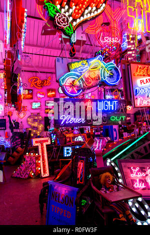 Zimmer mit hellen bunten Leuchtreklamen, neon shop Götter Schrottplatz, Walthamstow, London, UK Stockfoto