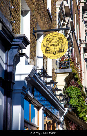 Zeichen für Mariage Freres shop in Covent Garden, London, UK Stockfoto