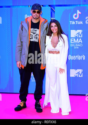 Afrojack und Elettra Lamborghini Teilnahme an den MTV Europe Music Awards 2018 im Bilbao Exhibition Centre statt, Spanien. Stockfoto