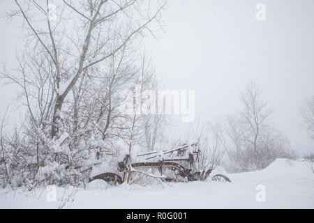 Eine rostige, alte Stück von landwirtschaftlichen Geräten, das war in einem Feld verlassen, bedeckt von Schnee während ein Blizzard im Staat New York. Stockfoto