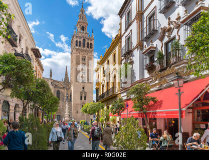 Sevilla, Spanien. Cafés in der Calle Mateos Gago auf die Giralda und die Kathedrale, Barrio Santa Cruz, Sevilla, Andalusien, Spanien Stockfoto