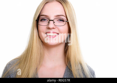 In der Nähe der Jugendlichen glücklich Geschäftsfrau, Lächeln, während tragende eyeg Stockfoto