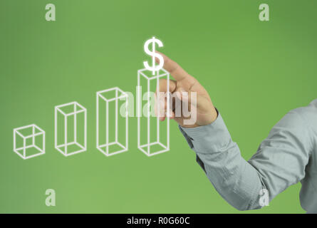 Hand eines Geschäftsmannes, der auf die Dollarzeichen und haben das Balkendiagramm auf grünem Hintergrund und kopieren Sie Platz in Ihrem Konzept zu entwerfen. Stockfoto