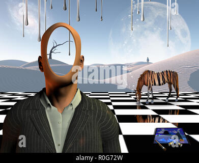 Surrealismus. Gesichtslosen Geschäftsmann steht auf einem Schachbrett. Einsamer Mann in einem Abstand. Weißer Sand dune. Gestreifte Pferd wie ein Tiger. Malerei und Bürsten. 3D Stockfoto