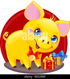 Gelbe erdigen Schwein mit Geschenkbox für das Neue Jahr 2019. Cute Symbol der chinesischen Horoskop. Stock Vektor