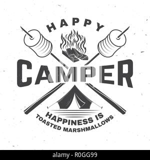 Happy Camper. Glück ist gerösteten Marshmallows. Vector Illustration. Vintage Typografie Design mit Camping Zelt, Lagerfeuer, Marshmallow auf einem Stick Silhouette. Konzept für Hemd oder Drucken, Stempel oder T-Stück Stock Vektor