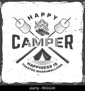 Happy Camper. Glück ist gerösteten Marshmallows. Vector Illustration. Vintage Typografie Design mit Camping Zelt, Lagerfeuer, Marshmallow auf einem Stick Silhouette. Konzept für Hemd oder Drucken, Stempel oder T-Stück Stock Vektor