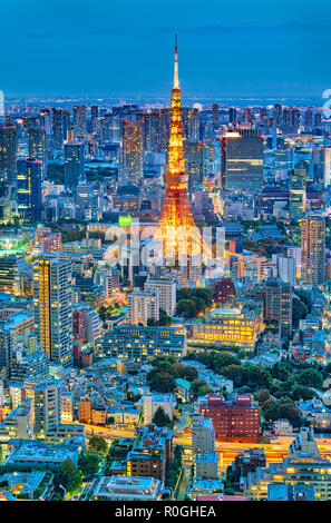 Skyline von Tokio mit Tokyo Tower bei Nacht Tokyo TV Tower in Roppongi Stockfoto