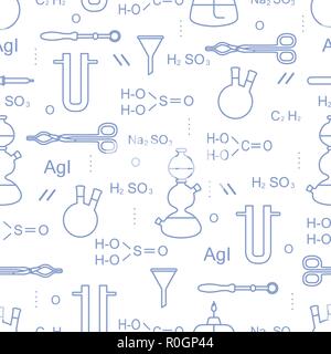 Wissenschaftliche Vektor nahtlose Muster mit Flaschen, Brenner, Trichter, Werkzeuge und Formeln. Bildung Elemente. Chemie, Biologie, Medizin. Stock Vektor