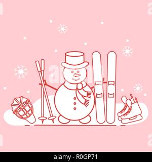 Winter im Freien genießen können. Schneemann mit Ski- und Hockey Ausrüstung. Vektor cartoon Skifahrer Symbol. Design für Werbung von aktiven Lebensstil. Stock Vektor