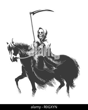 Tod mit Sense Fahrten Pferd Tuschezeichnung Stil gezeichnet. Vector Illustration. Stock Vektor